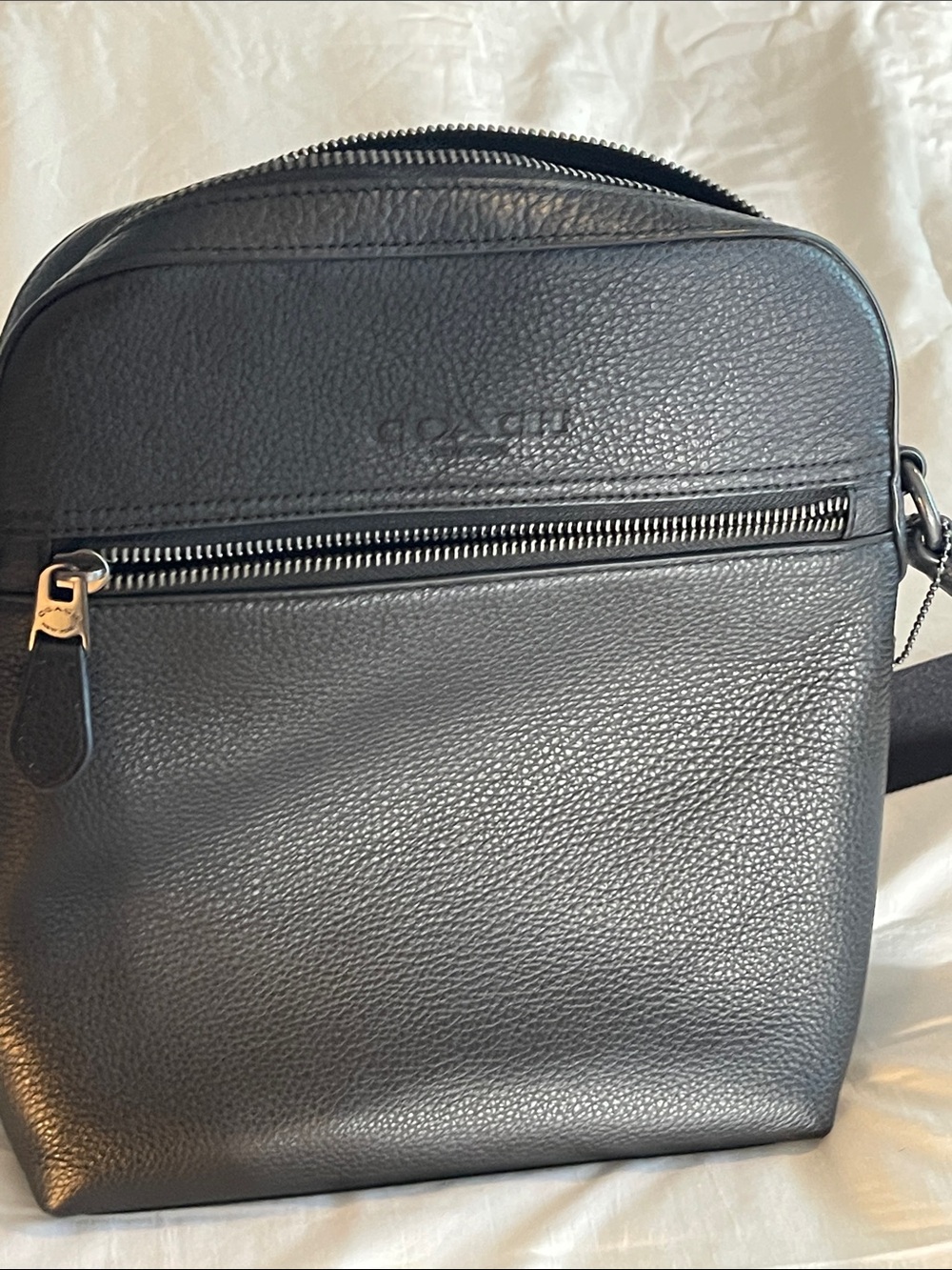 Coach Black Pebbled Leather Messenger Bag with Web Strap - Picture 7 of 9